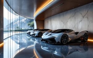 Rangée de supercars de luxe dans un garage urbain élégant inspiré d’un univers futuriste, éclairage doré et bleu, ambiance monégasque avec reflets sur le marbre.