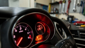 Gros plan sur le tableau de bord d’une voiture avec un voyant de contrôle injection allumé, ambiance d’atelier automobile réaliste, éclairage éditorial avec faible profondeur de champ.