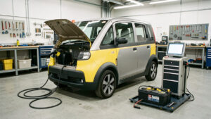 Petite voiture électrique compacte inspectée dans un atelier, avec un câble de recharge débranché, des outils et du matériel de diagnostic.